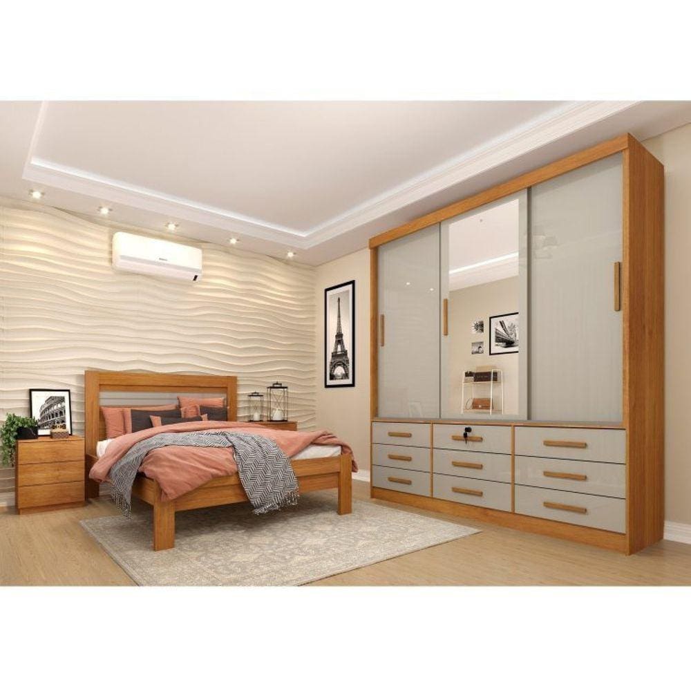 Quarto Completo Guarda Roupa 3 Portas Cama Casal e Mesa de Cabeceira Chicago Tcil Móveis Cinamomo/Off White
