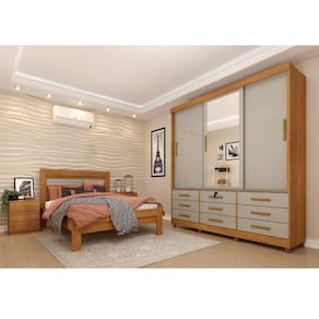 Quarto Completo Roupeiro 3 Portas, Cama Casal e Mesa de Cabeceira Chicago Tcil Móveis Cinamomo/Off White