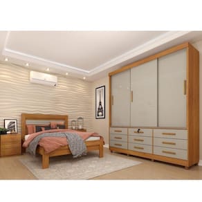 Quarto Completo Roupeiro 3 Portas, Cama Casal e Mesa de Cabeceira Chicago Tcil Móveis Cinamomo/Off White