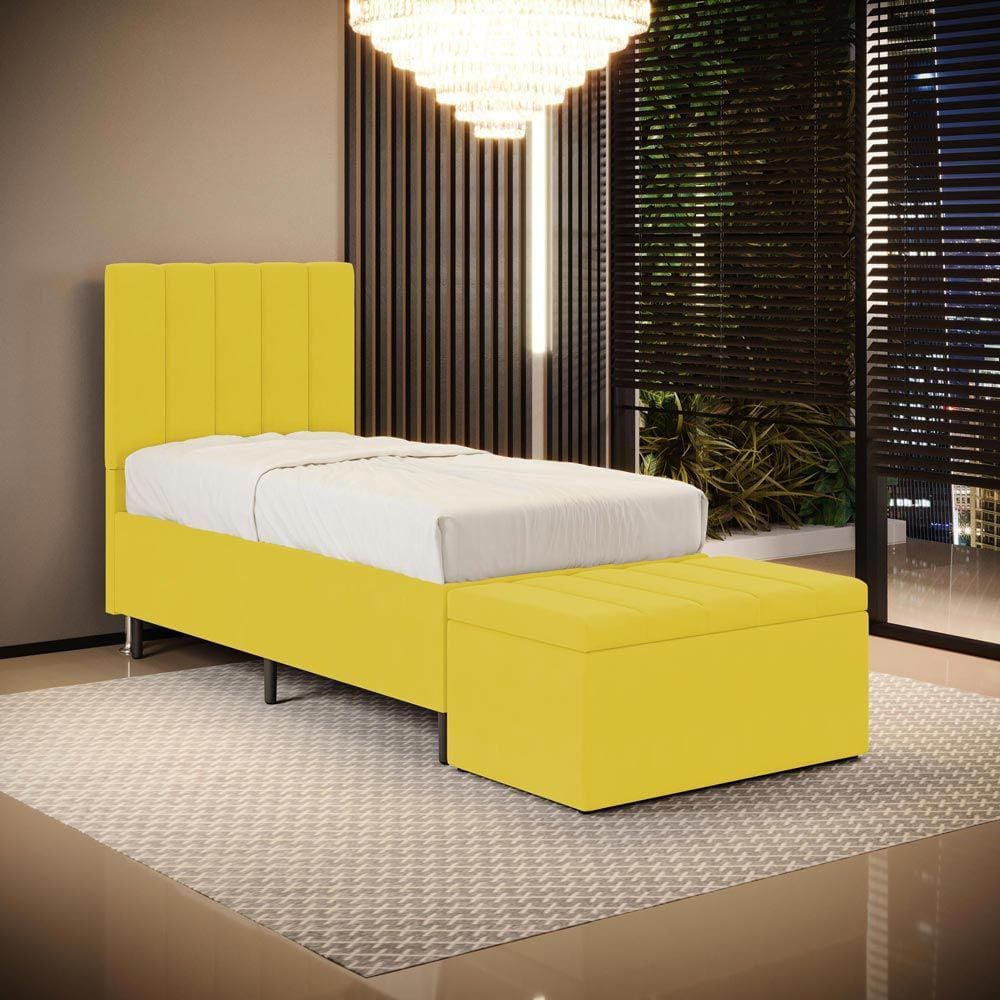 Cabeceira Nashira e Calçadeira Baú Navi 90 para Cama de Solteiro Z-004 Sued Amarelo Aradecor