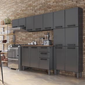Kit Cozinha Completa 11 Portas 2 Gavetas em Aço Estilo Bertolini com Balcão e Armário Grafite