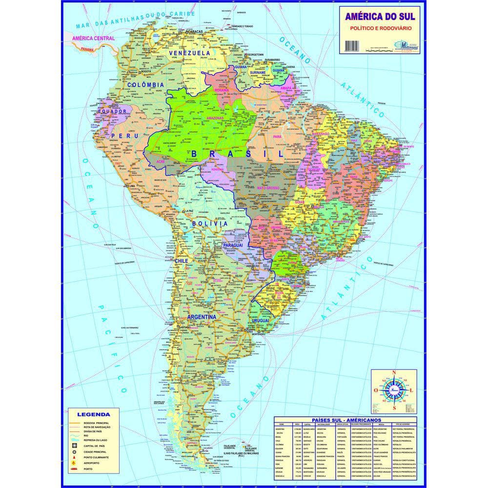 Mapa América do Sul Político e Rodoviário 120x90cm Gigante