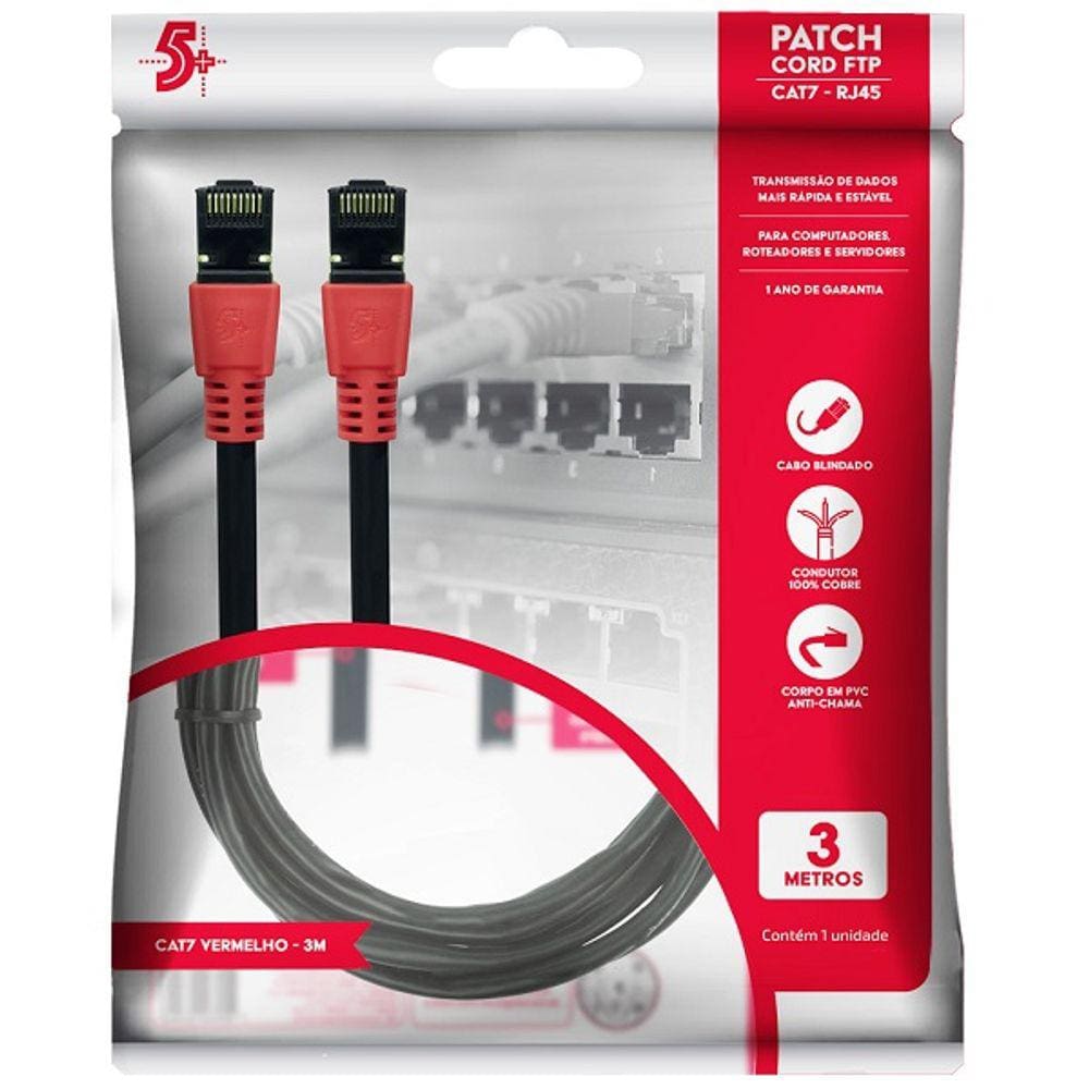 Cabo de Rede CAT7 PATCH CORD FTP 600 MHZ / 10 GBPS 3M Vermelho