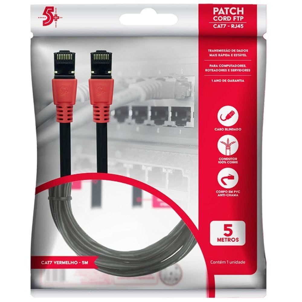Cabo de Rede CAT7 PATCH CORD FTP 600 MHZ 10 GBPS 5 Metros Vermelho
