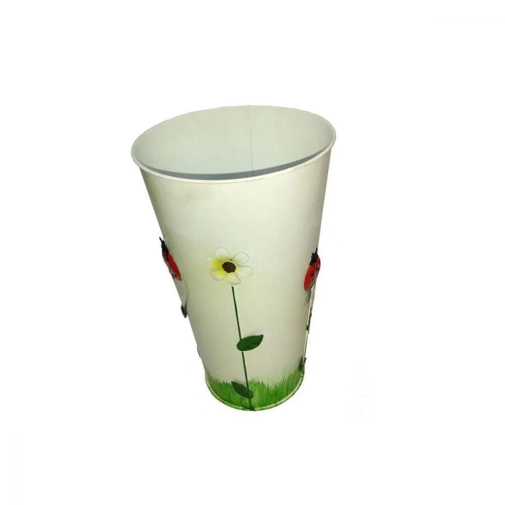 Vaso Balde Metal Enfeite Jardim Joaninha Flor Branco