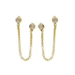 Brinco Ponto De Luz Duplo Com Corrente Banhado A Ouro 18K