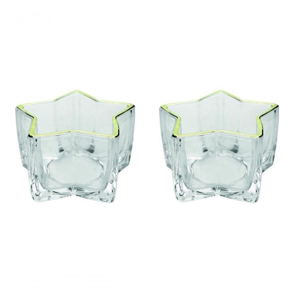 Jogo 2 Porta Velas Castiçal Estrela Vidro Borda Dourada