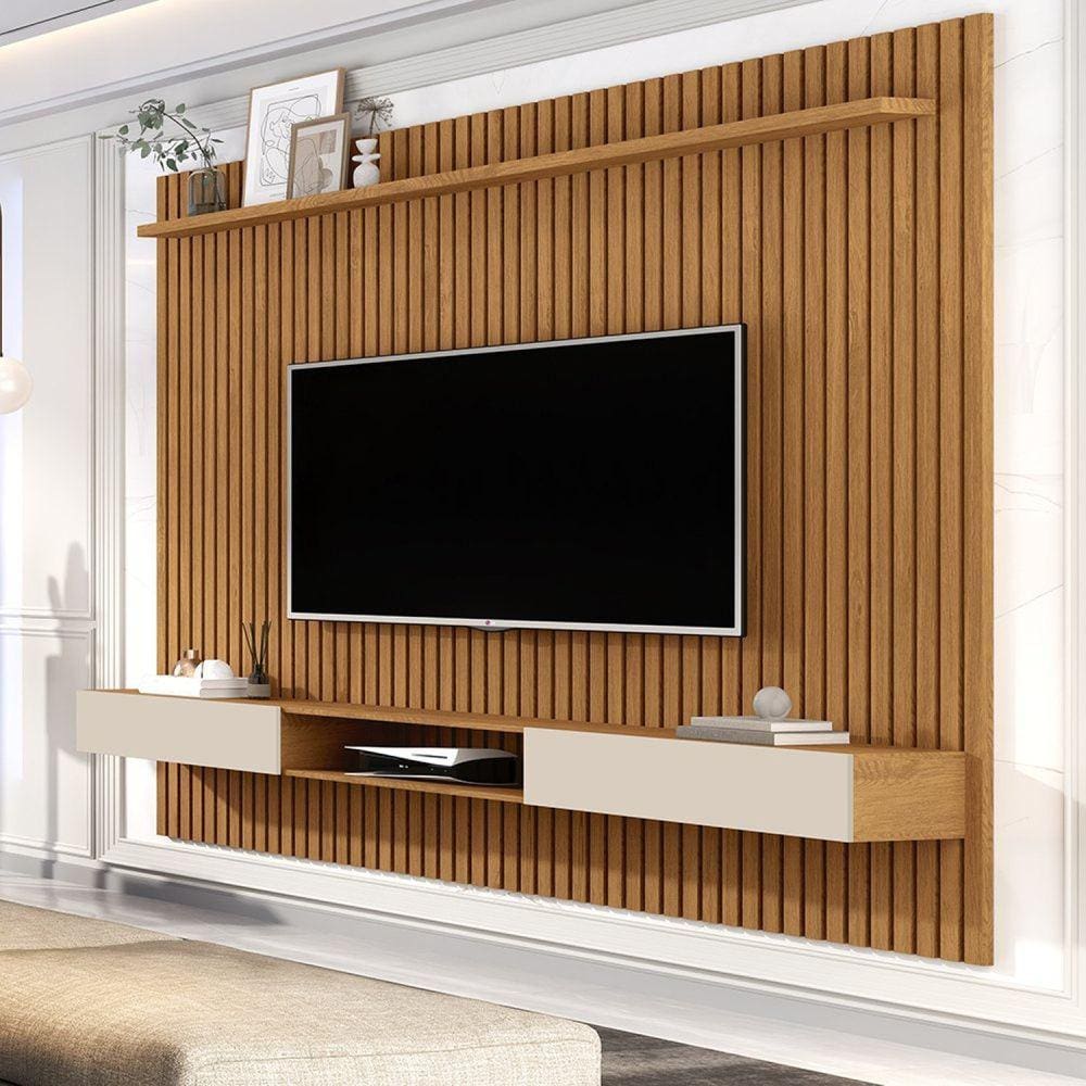 Painel Ripado para TV até 70 Polegadas com Nicho 2 Portas e Prateleira Venus 1.8 Marrom off White