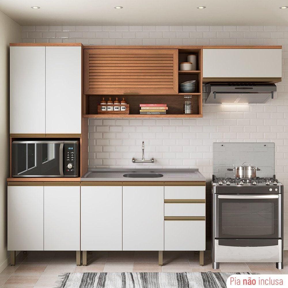 Cozinha Completa 10 Portas 3 Gavetas com Balcão de Pia Macadâmia Freijó/Branco