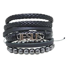 Pulseira Masculina Jesus Gospel Pedra Hematita Kit 3 Combo