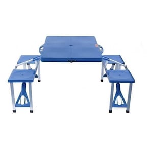 Mesa Dobrável De Alumínio Azul Com 4 Banquetas Para Campin