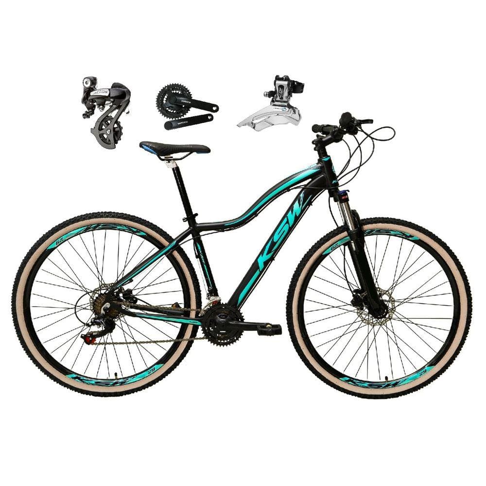 Bicicleta aro 29 Ksw Mwza Shimano Altus 24V Freio a Disco Hidráulico Garfo com Trava com Pneu Faixa Bege - Preto/Azul