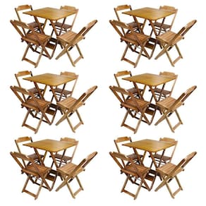 Kit 6 Conjuntos De Mesa Com 4 Cadeiras De Madeira Dobravel 70X70 Mel - Amarelo