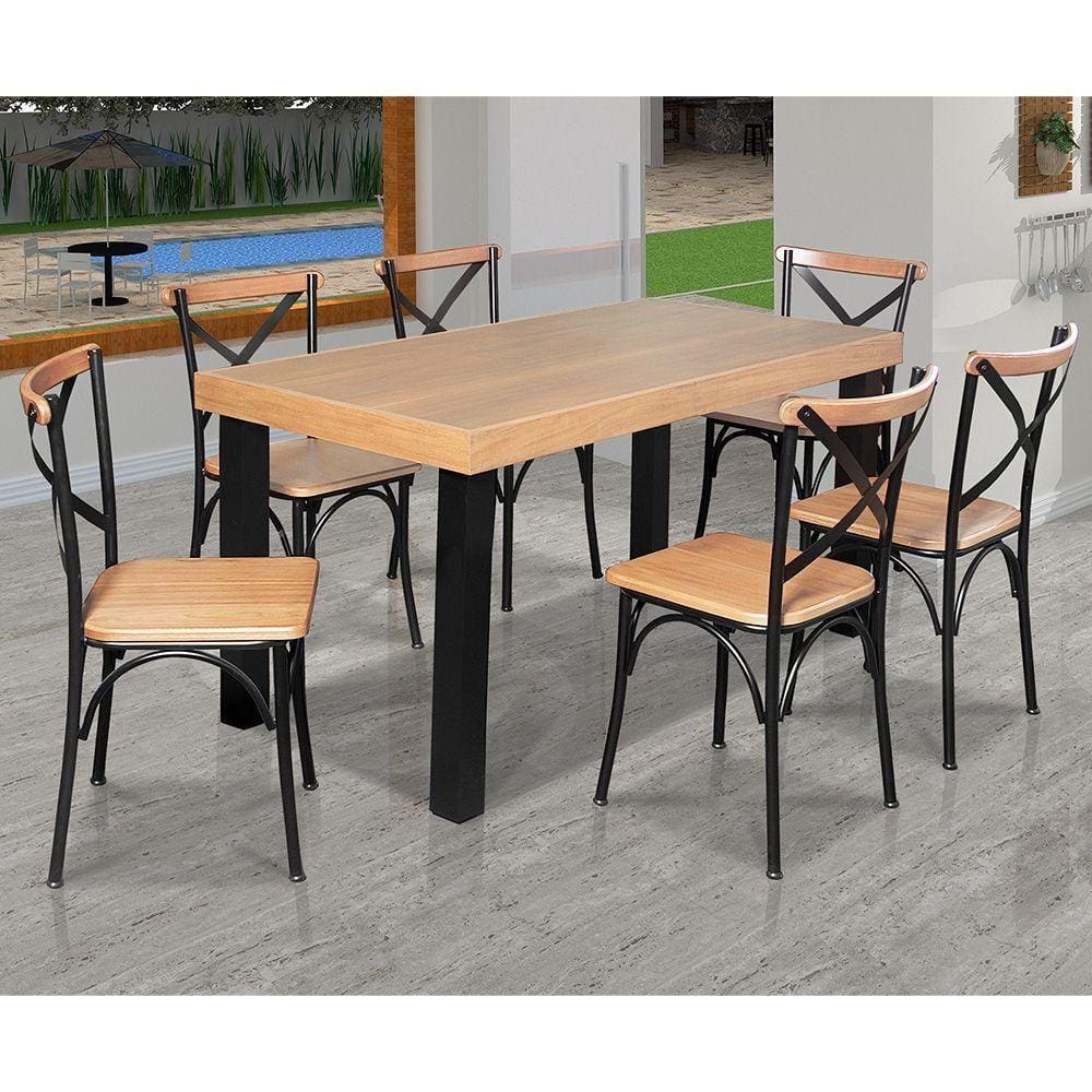 Conjunto Jantar Industrial Mesa Felícia 160X80 Com 6 Cadeiras Paris Base Alumínio - Natural - Marrom