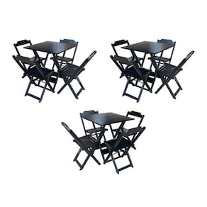 Kit 3 Jogos De Mesa Dobravel Com 4 Cadeiras De Madeira 70X70 Para Restaurante E Bar - Preto
