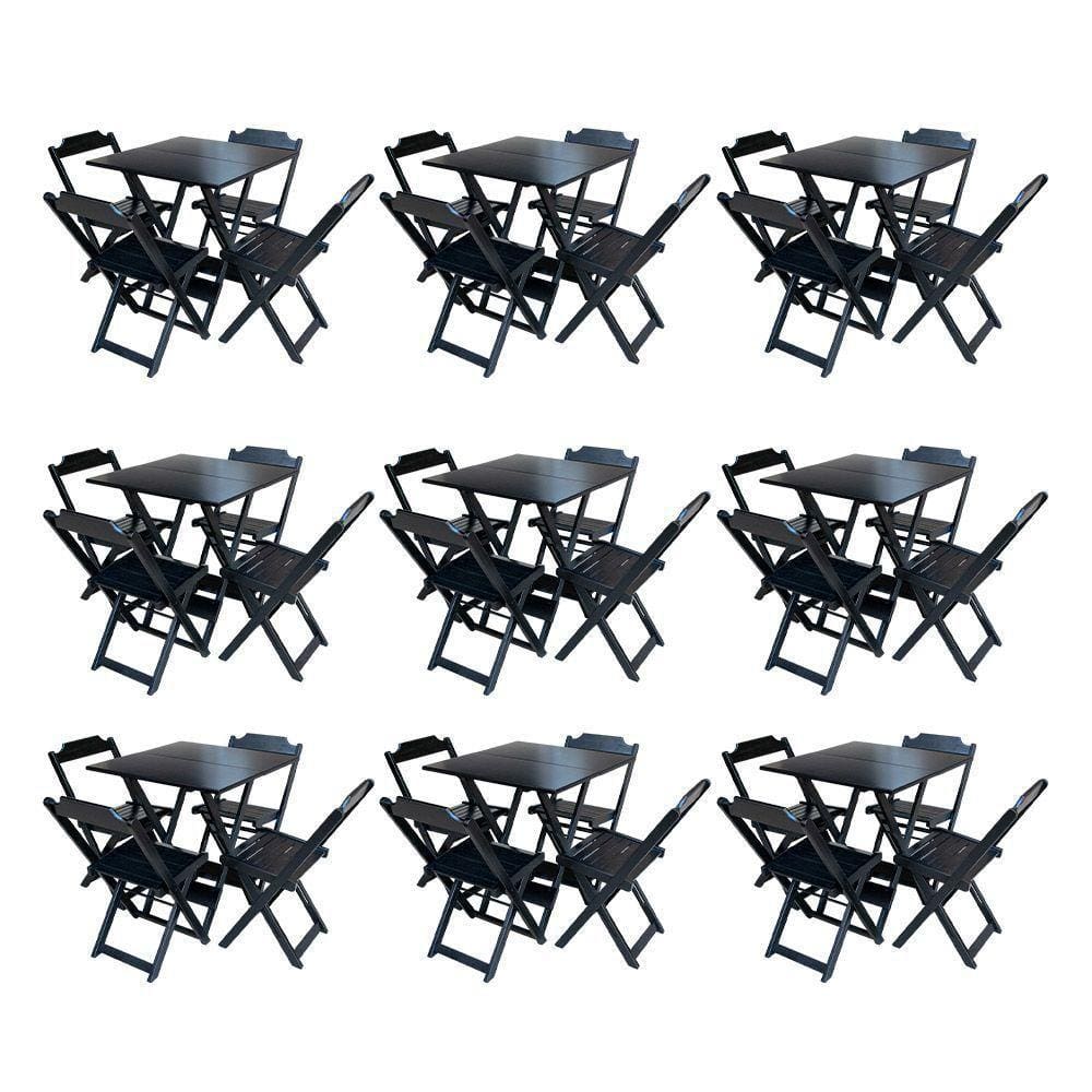 Kit 9 Conjuntos De Mesa Dobravel Com 4 Cadeiras De Madeira 70X70 Para Restaurante E Bar - Preto