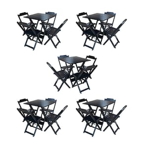 Kit 5 Jogos De Mesa Dobravel Com 4 Cadeiras De Madeira 70X70 Para Restaurante E Bar - Preto