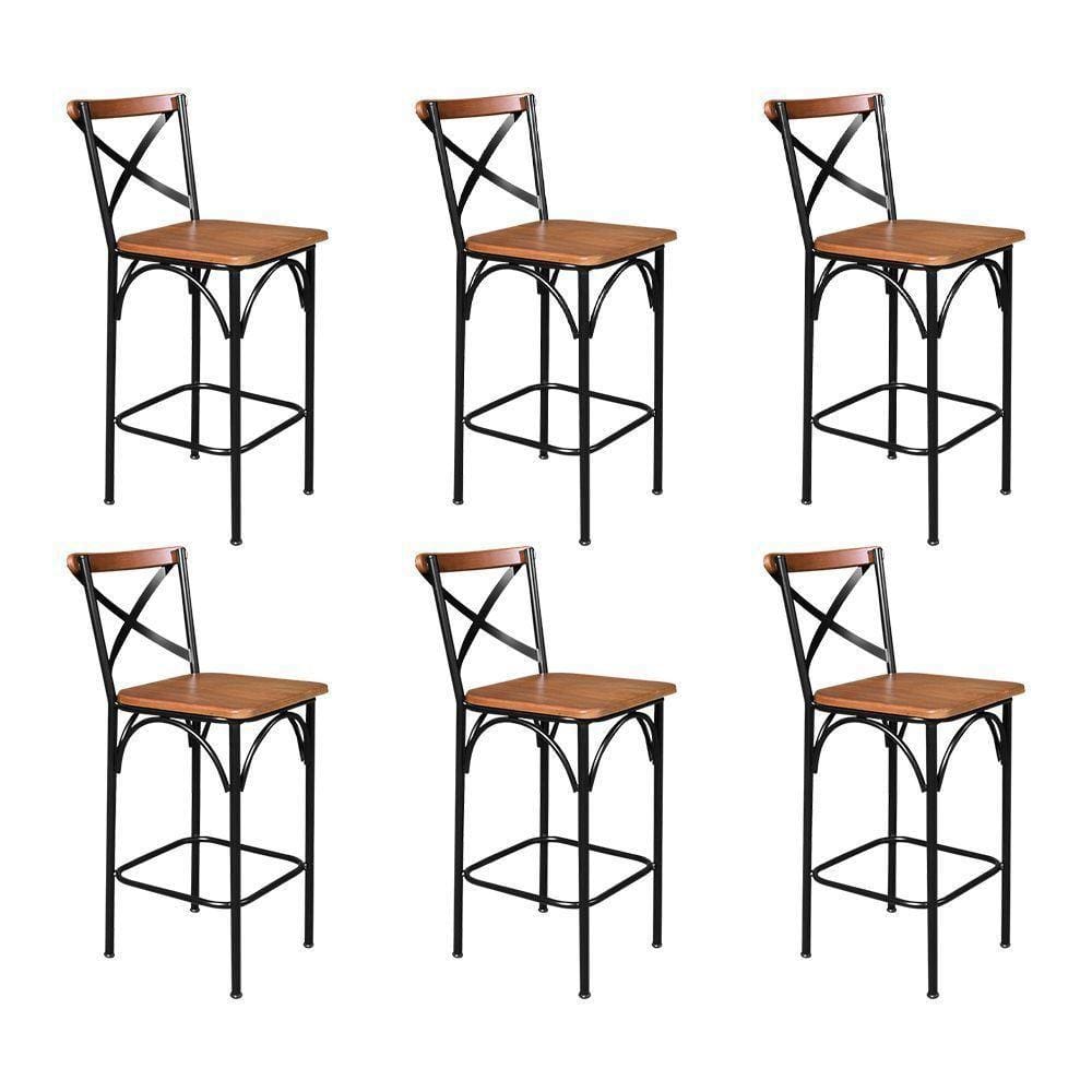 Kit 6 Banquetas Alta Industrial Paris Base Alumínio Com Encosto - Castanho - Marrom