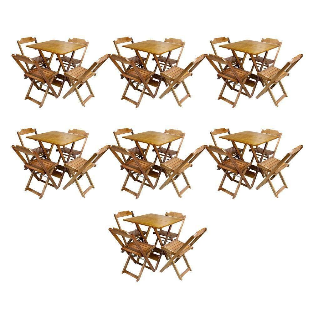 Kit 7 Conjuntos De Mesa Dobravel Com 4 Cadeiras De Madeira 70X70 Para Restaurante E Bar - Mel