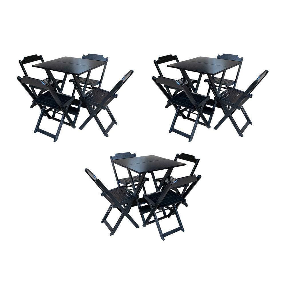 Kit 3 Conjuntos De Mesa Dobravel Com 4 Cadeiras De Madeira 70X70 Para Restaurante E Bar - Preto