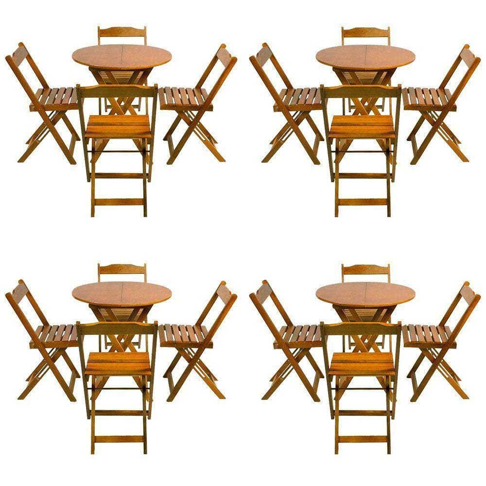 Kit 4 Conjuntos De Mesa Dobravel 70X70 Tampo Redondo Em Madeira Padrao Com 4 Cadeiras - Mel - Marrom