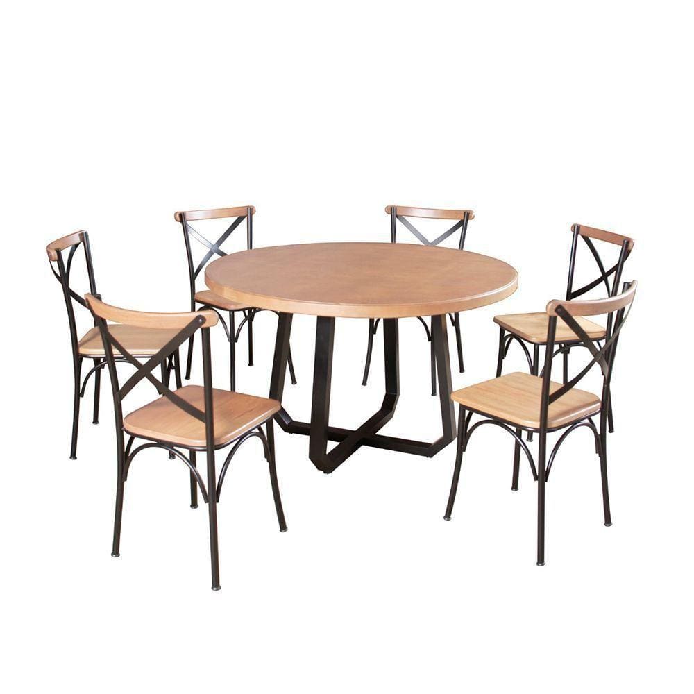 Mesa Jantar Redonda Clarisse 1,30M Com 6 Cadeiras Paris Base Alumínio - Natural - Marrom