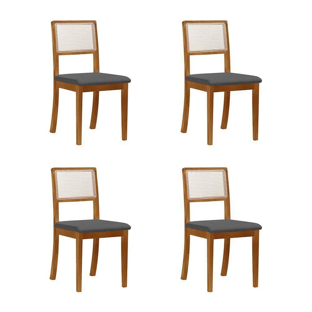 Kit 4 Cadeiras De Jantar Palha Estofadas Linho Cinza Encosto Tela Sextavada Mel Cinza
