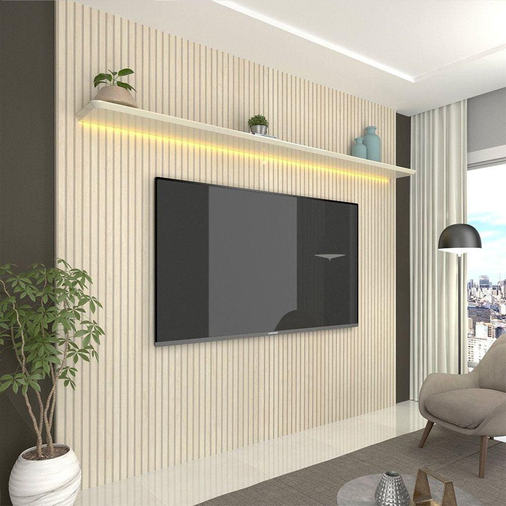 Painel para TV até 85 Polegadas Impressão Ripada com LED Requinte 220cm Gelius Móveis Off White Ripado