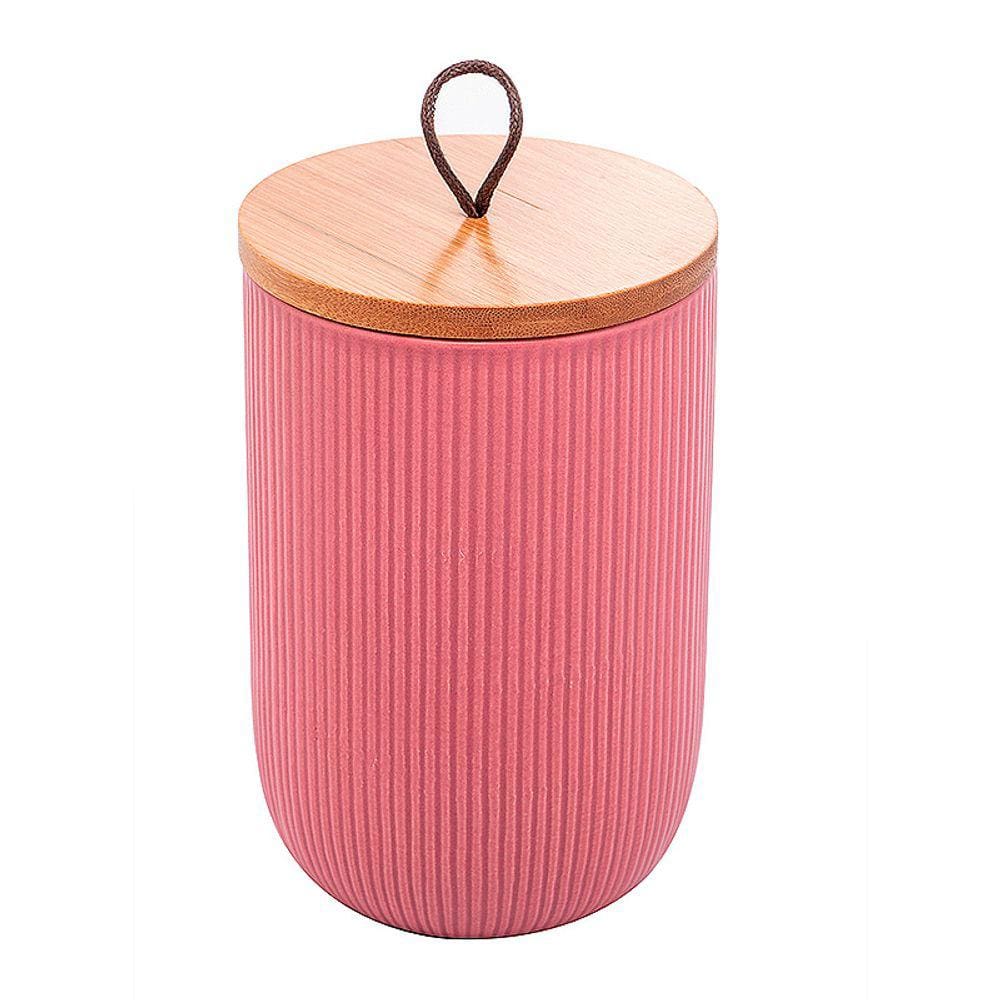 Potiche de Cerâmica com Tampa de Bambu e Pegador de Corda Lines Rosa 10x15cm 2666 - Lyor