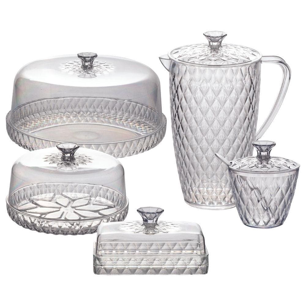 Kit boleira baixa, queijeira, açucareiro, manteigueira e jarra de plástico Cristal incolor Plasutil