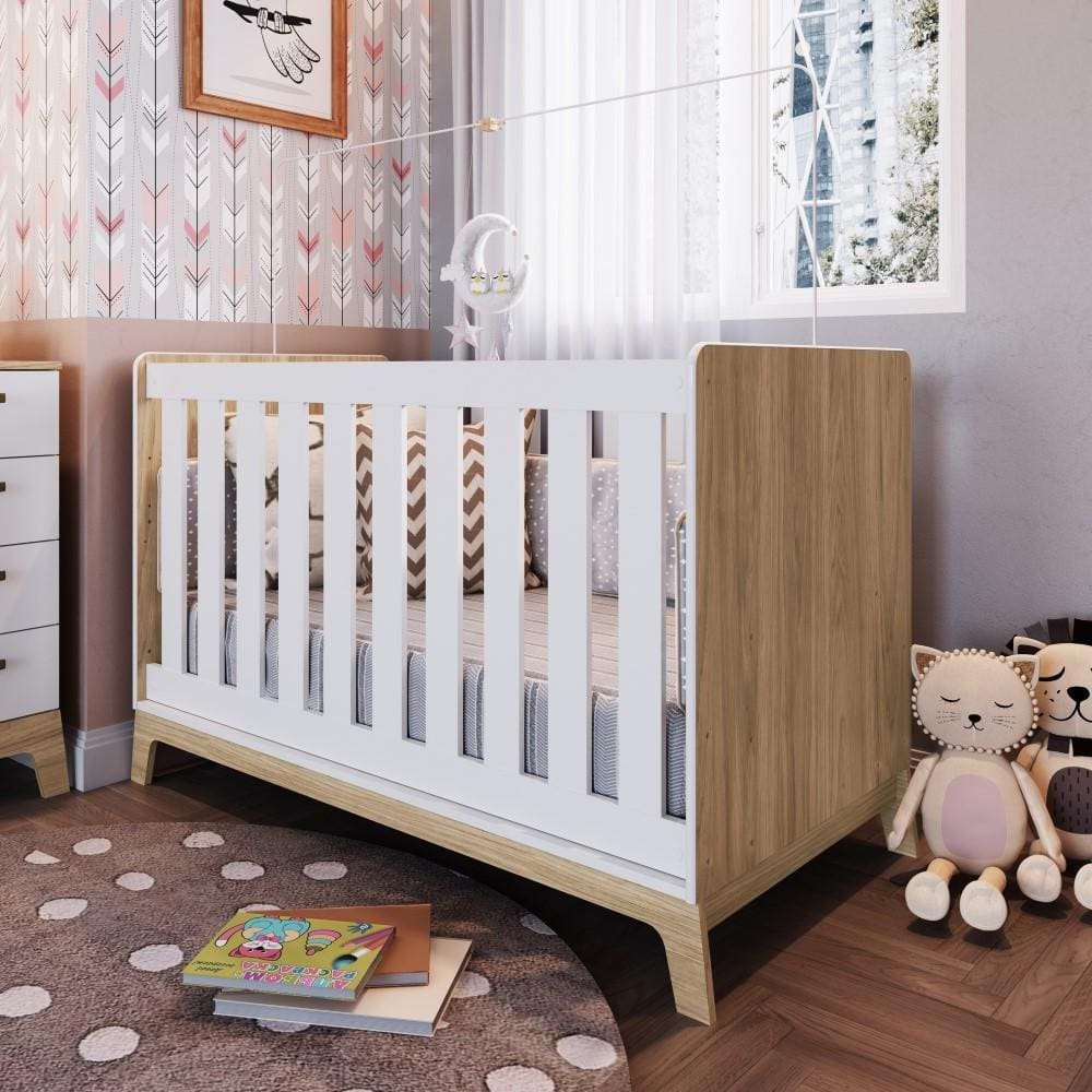 Berço Bebe Cama Solteiro Infantil Americano com Colchão Completa 3 em 1 Branco Marrom