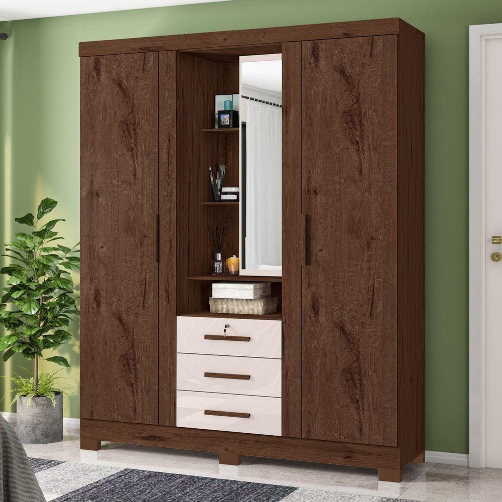 Guarda Roupa Solteiro 3 Portas 3 Gavetas Capelinha Premium Jacaranda/Off White