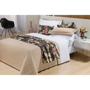 Cobre Leito Colcha Casal Pratic 3 Peças Percal 200 Fios Algodão Matelassado Bernadete Casa Bege