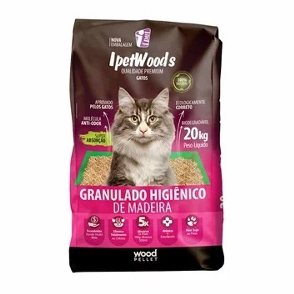 Granulado Higienico De Madeira Ipet Wood S Gatos - 20Kg