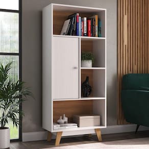Estante Livreiro 1 Porta 4 Nichos Branco/Nogal