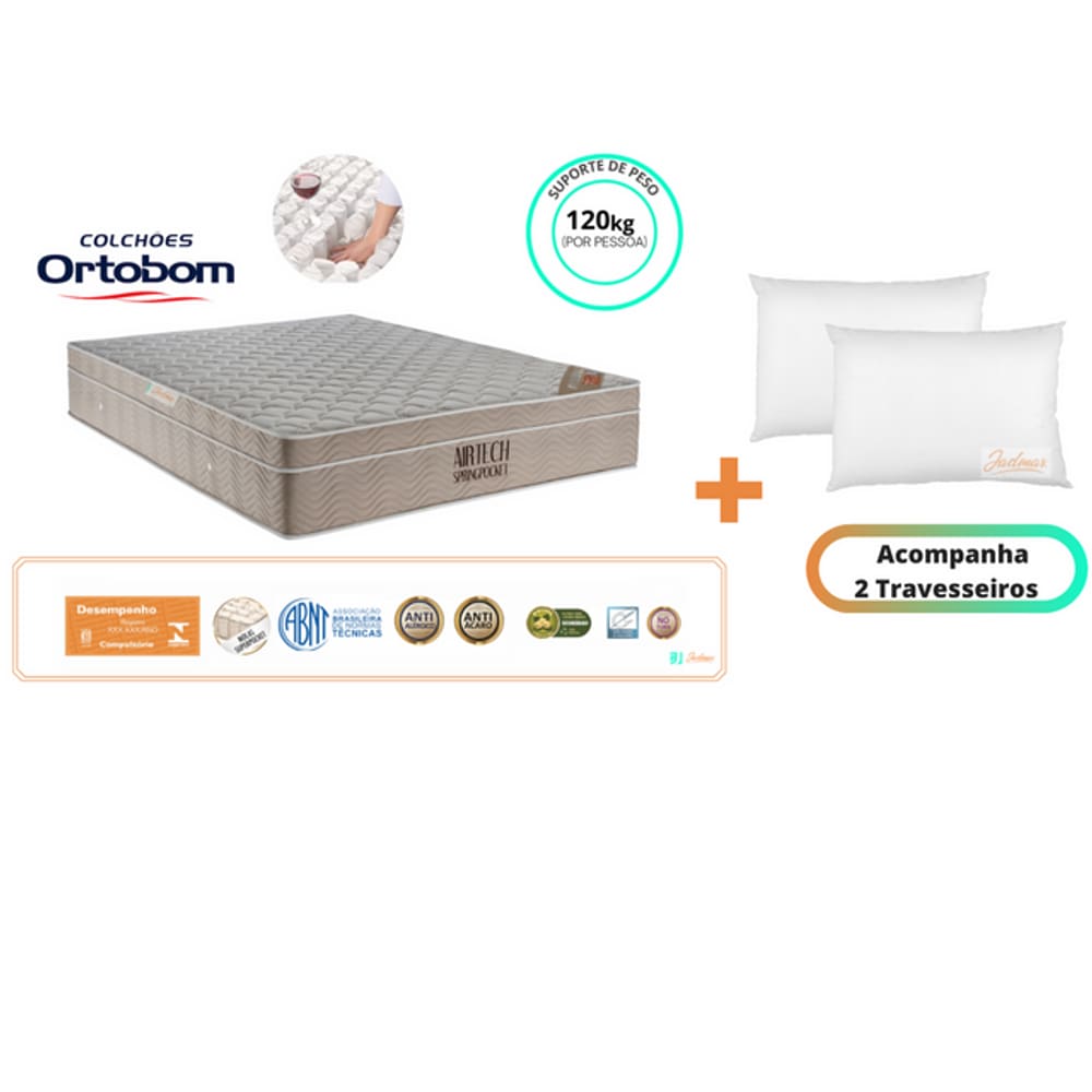 Colchão Ortobom Airtech Casal  Padrão Viúva 128x188x30 + 2 Travesseiros de Fibra