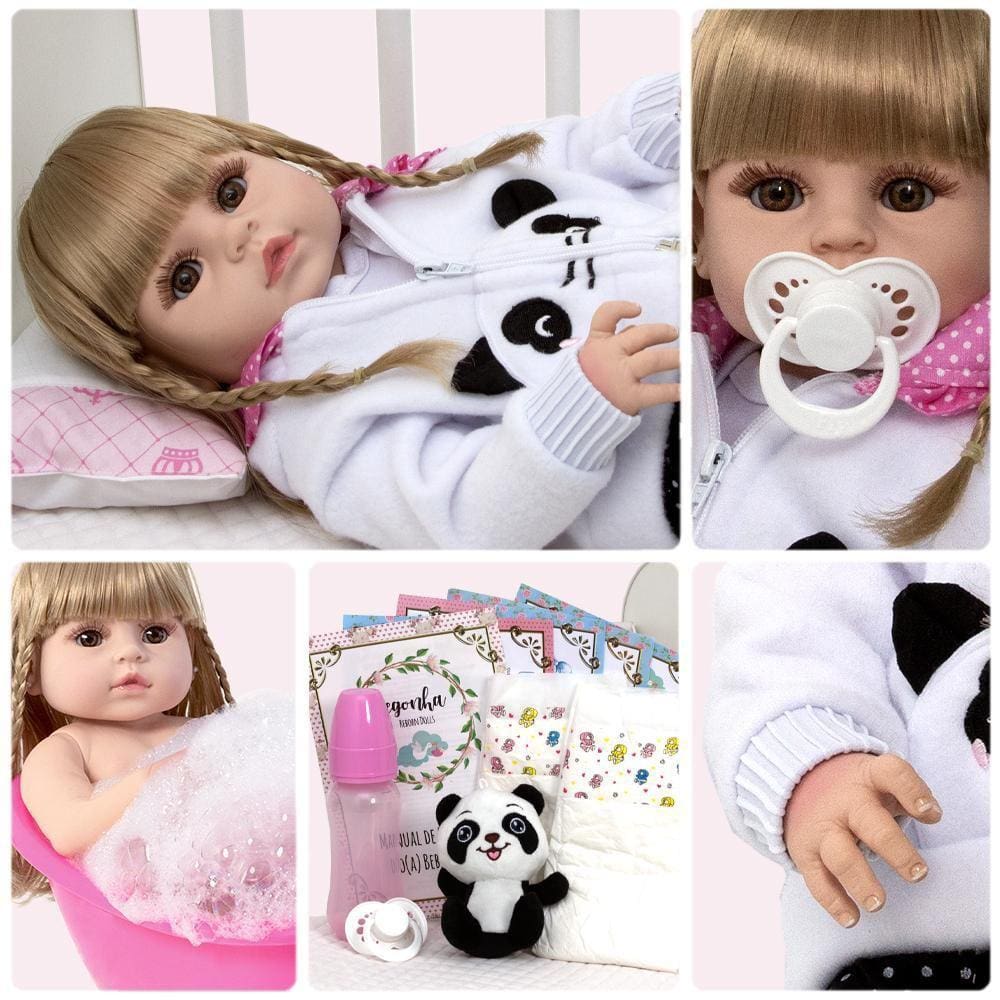 Brastoy Bebê Reborn Boneca Silicone Menina Olhos Castanhos Panda