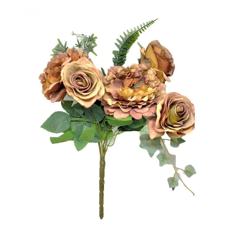 Buquê Peônia E Rosas Pêssego Fosco 5 Flores 40cm