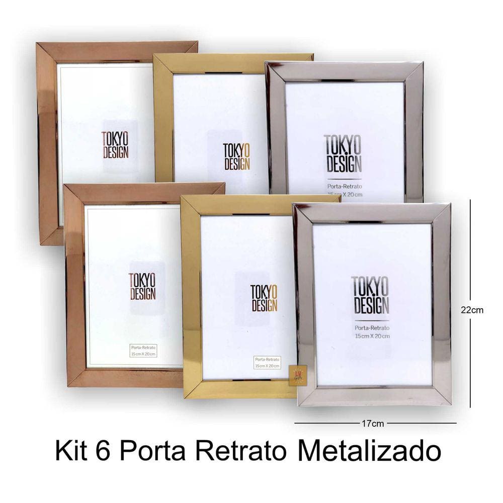 Kit 6 Porta Retrato Metalizado Luxo 15x20 Moldura de Fotos