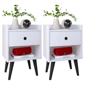 Mesa Cabeceira 1 Gaveta Organizadora Nicho Aberto Decorativo Pés Palito Retrô Mesinha Quarto - Branco/Preto - RPM Móveis
