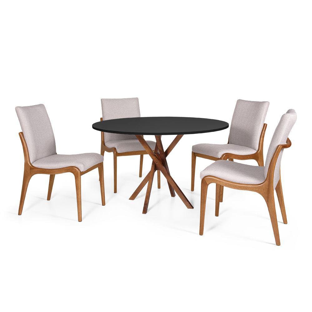 Conjunto Mesa de Jantar Redonda 120cm June Preta com 4 Cadeiras Garbo Cinza Claro