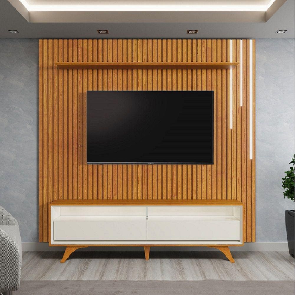 Rack Viena com Painel Ripado Lyon c/ Prateleira e Led para TV até 75" Mavaular