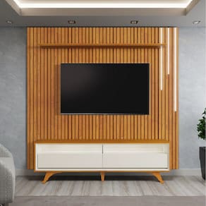 Rack Viena com Painel Ripado Lyon c/ Prateleira e Led para TV até 75" Mavaular
