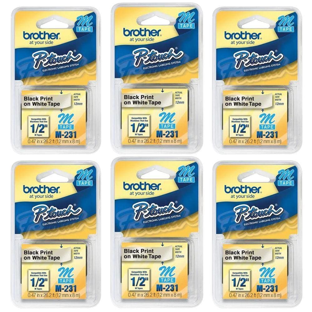 Kit 6 Fita Para Rotulador Brother M231 12MM Preto e Branco