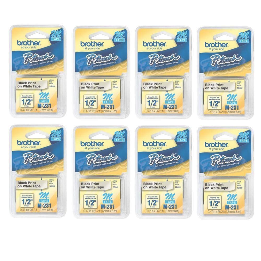 Kit 8 Fita Para Rotulador Brother M231 12MM Preto e Branco