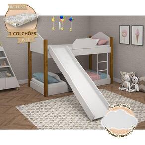 Beliche Infantil Luiza Com Colchões Juvenil + Escorregador E Luminária Led - Branca/Amêndoa Branco