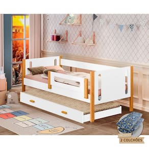 Bicama Solteiro Infantil Mirela Com Grade De Proteção E Colcões - Branco/Mel Branco