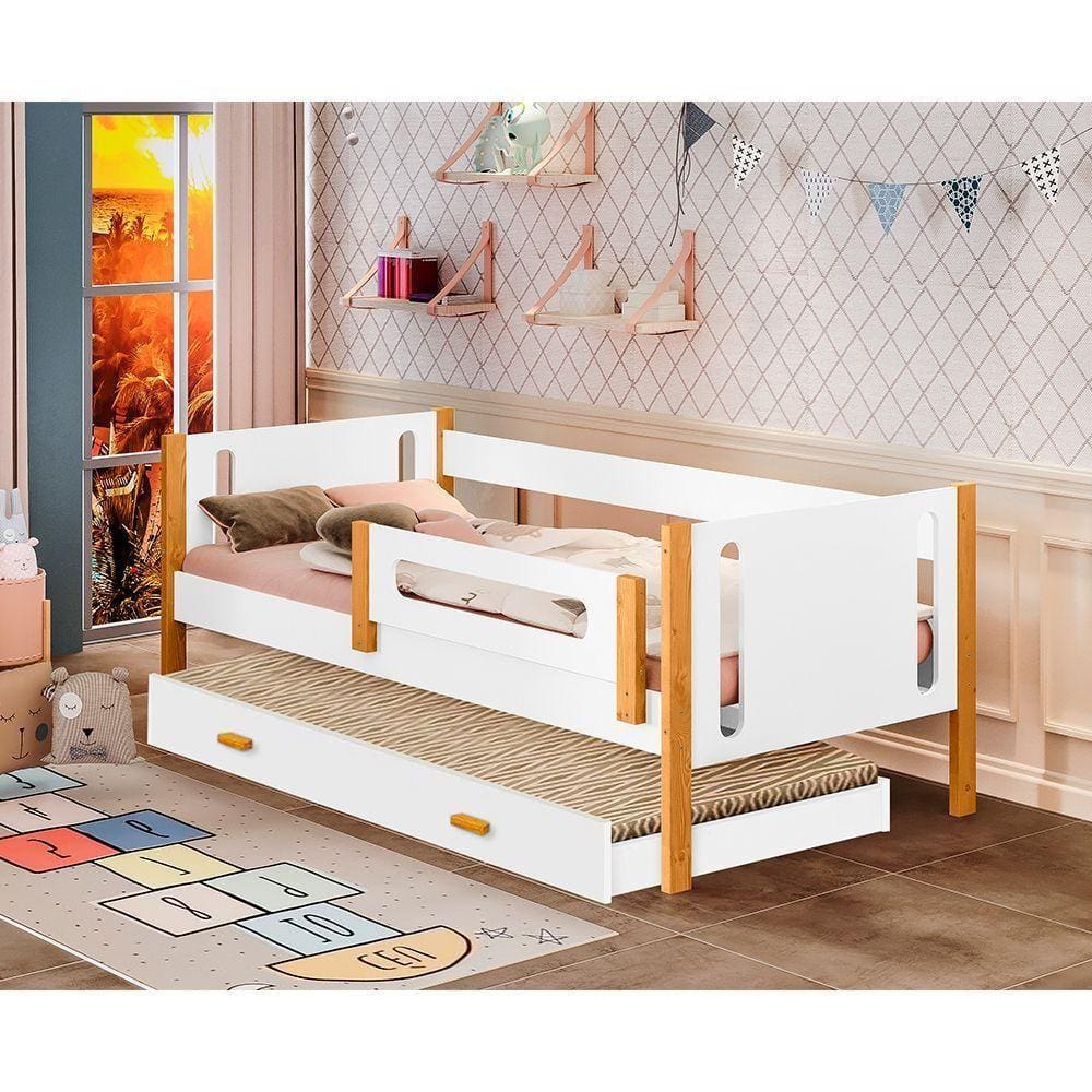 Cama Babá Infantil Mirela Com Cama Auxiliar Branco/Mel Com Grade De Proteção Branco