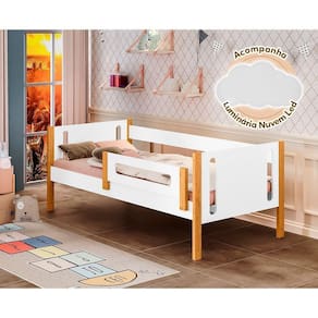 Cama De Solteiro Mirela Branco/Amêndoa Com Grade De Proteção + Luminária Led - Cor: Branco