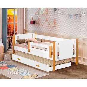 Cama De Solteiro Mirela Com Cama Auxiliar Branco/Mel Com Grade De Proteção - Cor: Branco